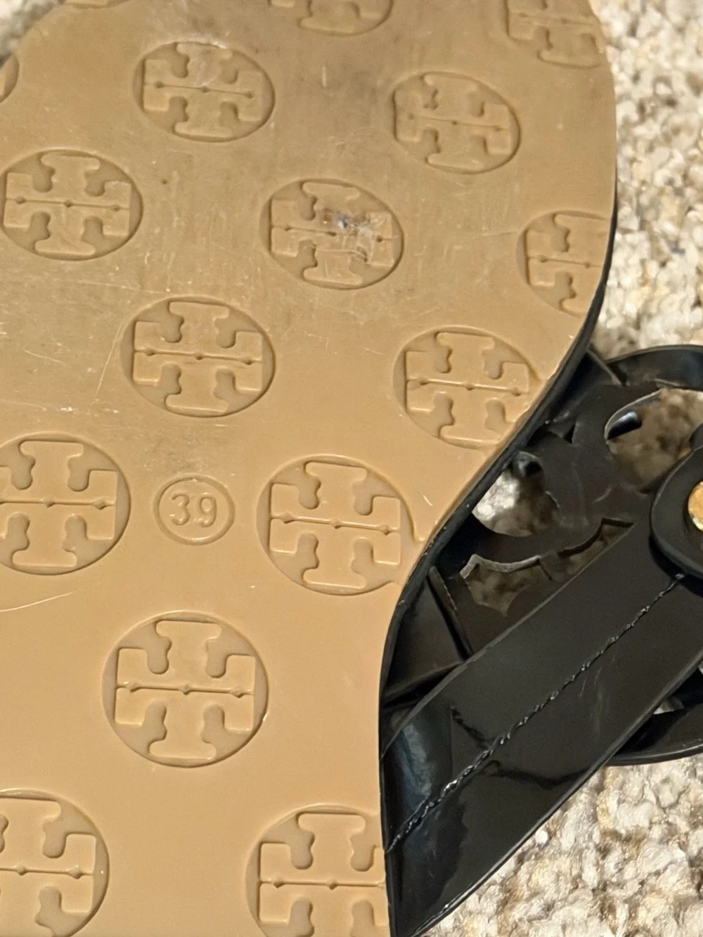 Tory Burch Black Patent Logo Thong Sandals with Gold Accents